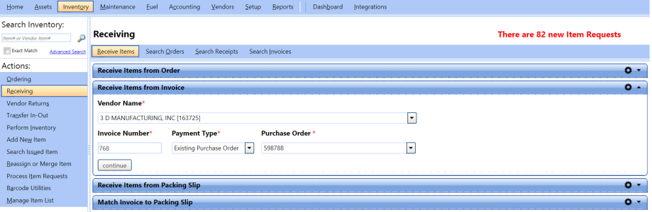 Receive items from invoice