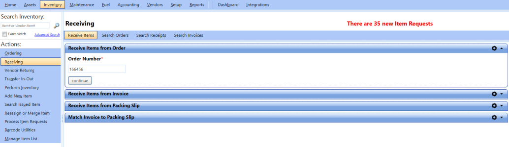 Receive items from order